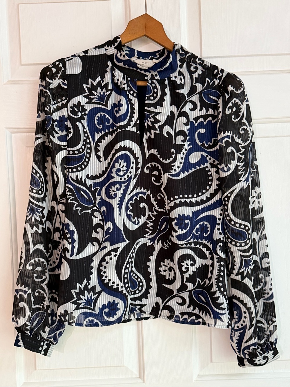 LOFT Navy & Black Paisley Tie-Neck Blouse